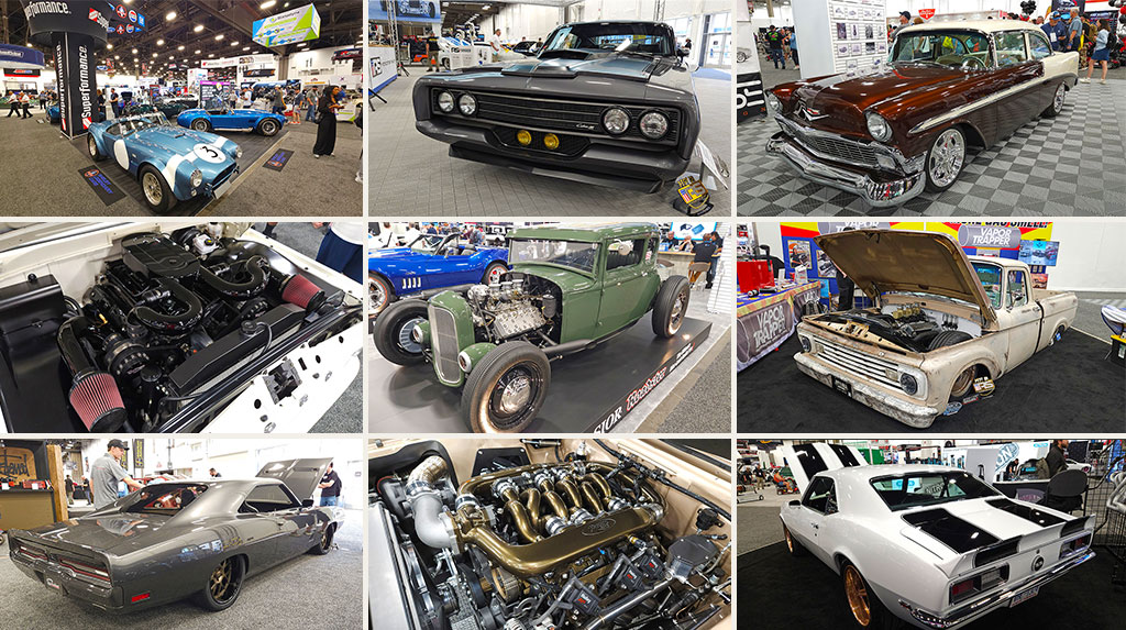 A collage of different TREMEC equipped cars and trucks that were seen at the 2025 SEMA Show