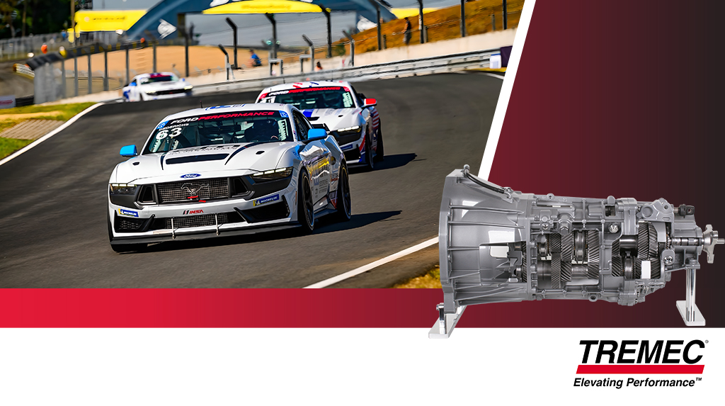 Tremec_BlogImage_1024x573_Feb2026_1 The Dederichs Motorsports Ford mustang Dark Horse R racing at Leguna Seca next to a picture of the TREMEC TR-3160 six-speed manual transmission