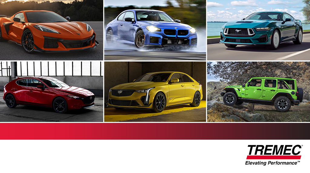Tremec_BlogImage_1024x573_jan2026_2 Photo collage of different performance cars and trucks that have a manual transmission option from the factory