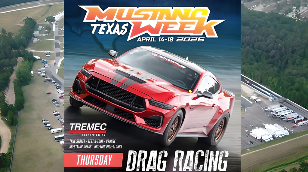 houston_motorsports_park_aerial_view_tremec_shootout_logo TREMEC Stick Shift Shootout Mustang Week Texas 2026 logo over and aerial photo of Houston Raceway Park