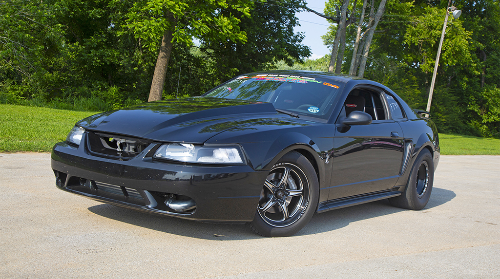 Front three-quarter view of Adam Buntley's 2001 Ford Mustang Cobra shot at Beech Bend Raceway